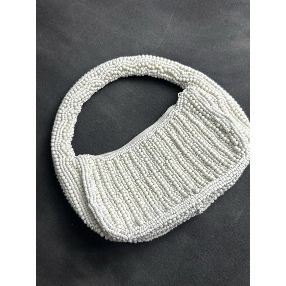 Antik Kraft White Beaded Handbag Mini Hobo Bag Bridal Coquette Y2K Boho Chic